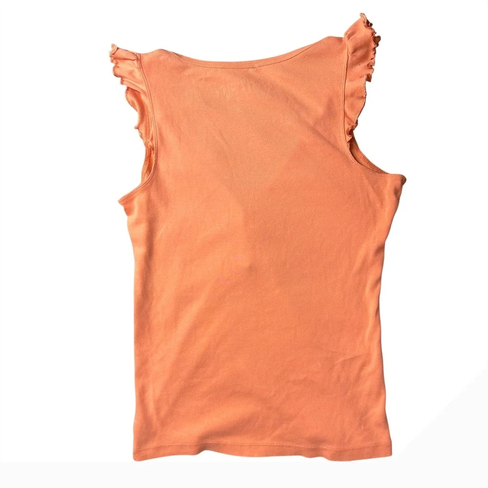 Y2K Tee Shop Top Medium Orange Peach Ruffle Sleeve V Neck Button Tank Top - Picture 5 of 5